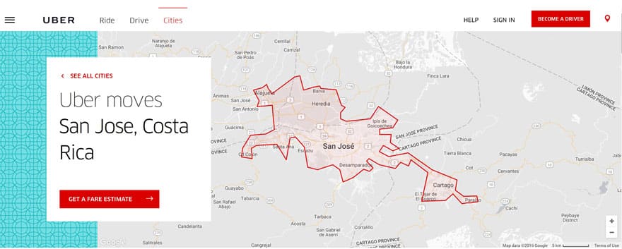 Uber Costa RIca - map of San Jose