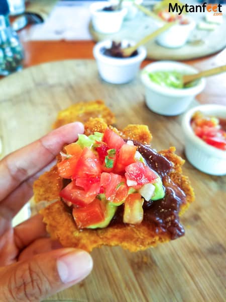 vegetarian costa rican food - patacones with beans, pico de gallo and guacamole