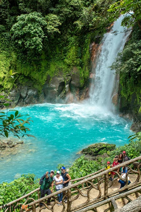 Celeste river Waterfall platform. Photo of a group of 3 adults taking a selfie, and another group of 2 adults and 2 kids having their picture taken in front of a sky blue waterfall with green rainforest 