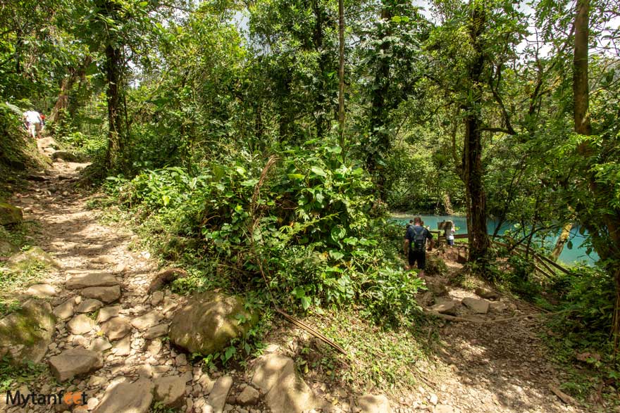 Tenorio Volcano National Park trails to blue lagoon. Photo of a dirt path to the left with rocks, and a sky blue lagoon to the right with a man walking towards it