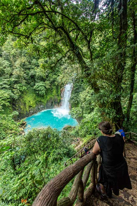 Rio Celeste waterfall. Photo of a woman in a black dress, on wooden stairs, looking down at a rainforest covered sky blue waterfall 