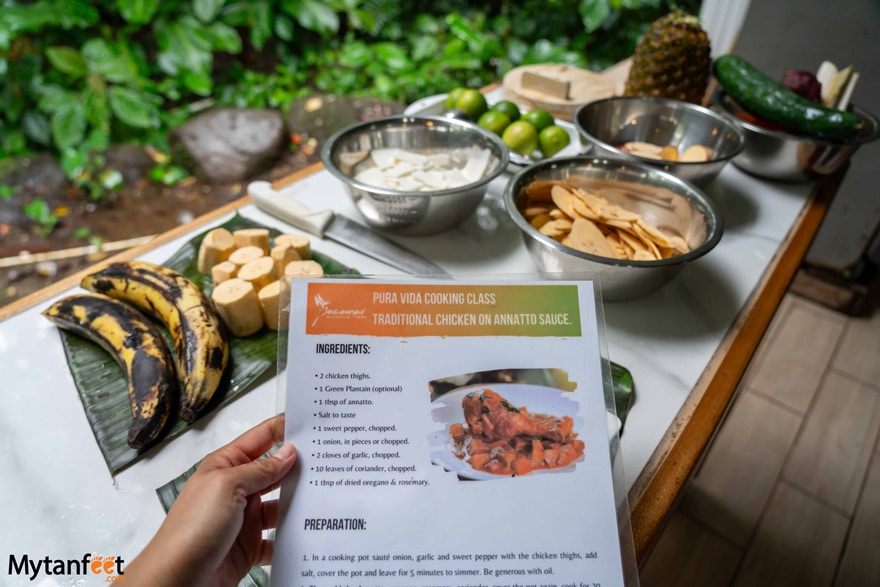 La Fortuna cooking class menu for chicken in annatto sauce 