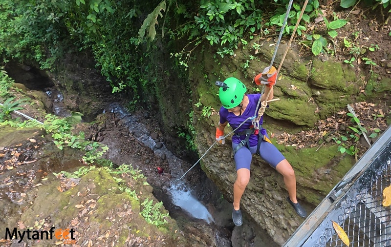 canyoning in arenal - a woman wearing a purple shirt and pants is rappelling down a waterfall in the rainforest 