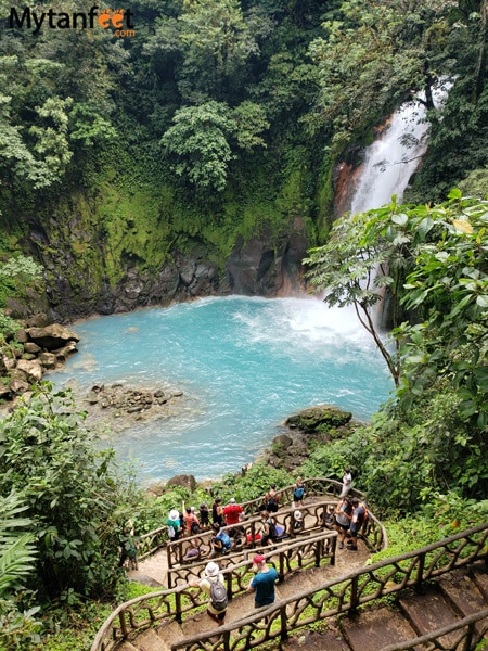 Rio Celeste waterfall - a photo of a sky blue waterfall in a rainforest, with steps leading down to the observation platform in Costa Rica 