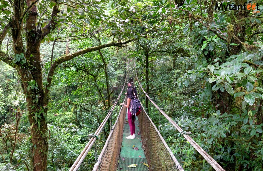a woman is walking on a suspension bridge through the rainforest in Bijagua, Costa Rica during her Costa Rica in 8 days trip 
