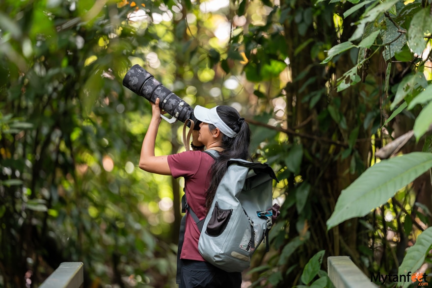 A woman is wearing hiking gear and taking a photo with a camera with a telephoto lens 